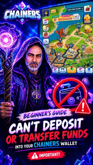 Promotional graphic for the mobile game "Chainers" featuring a hooded wizard character, titled "BEGINNER'S GUIDE: CAN'T DEPOSIT OR TRANSFER FUNDS INTO YOUR CHAINERS WALLET" with a warning label marked "IMPORTANT!".
