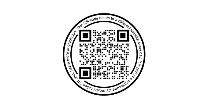 A circular QR code with text around the border stating 'This QR code points to a different website every day. It is part of a cryptocurrency project called QRcoin. You can learn more at qrc0in.fun.'