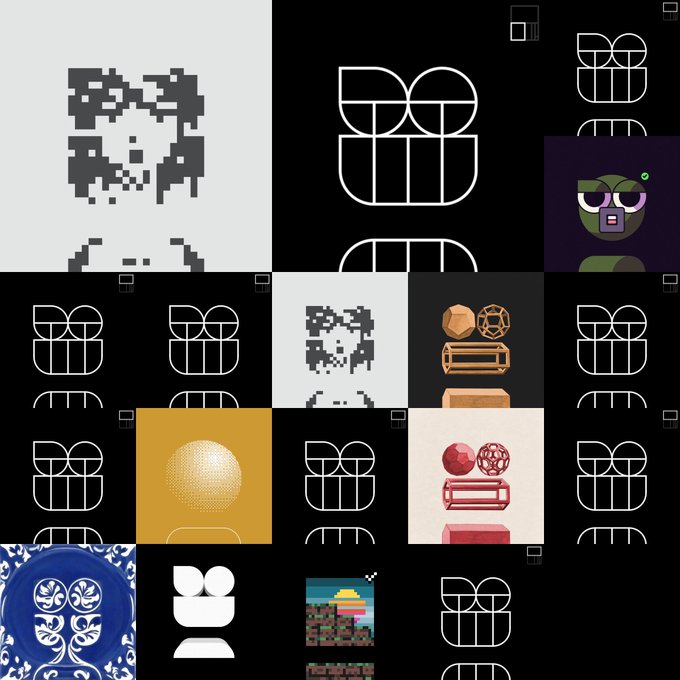 A design grid featuring various artistic interpretations and pixelated/iconic versions of a stylized 'M' or interlocking shapes logo in black, white, blue, and red.