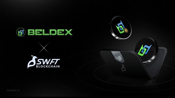 A promotional graphic for Beldex and SWFT Blockchain collaboration, showing black circular crypto tokens with the Beldex logo floating against a dark background.