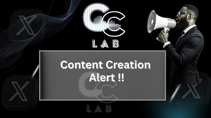 A stylized "Content Creation Alert" graphic featuring a man in a suit shouting through a megaphone alongside a "CC LAB" logo, visually promoting a Bitget storytelling contest where users can share their experiences to win a share of up to 50,000 USDT in prizes.