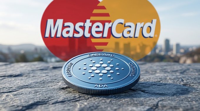 A close-up of a silver Cardano (ADA) cryptocurrency coin resting on a stone surface with the MasterCard logo and city skyline blurred in the background.