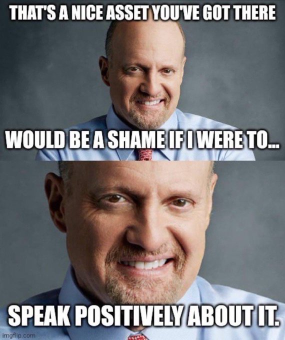 A two-panel meme of a smiling man in a blue shirt and red tie with text: 'THAT'S A NICE ASSET YOU'VE GOT THERE / WOULD BE A SHAME IF I WERE TO... / SPEAK POSITIVELY ABOUT IT.'