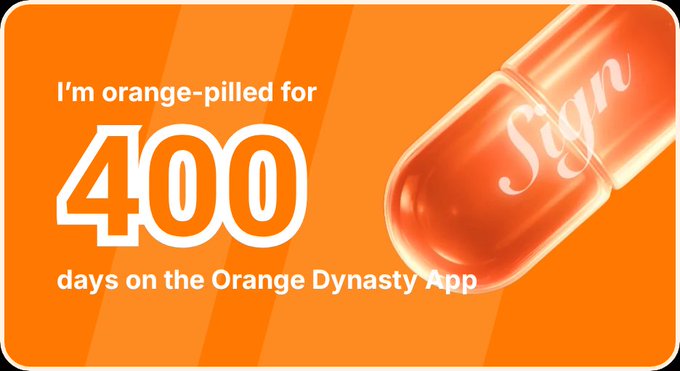 An orange promotional graphic celebrates '400 days on the Orange Dynasty App' with a pill capsule labeled 'Sign'.