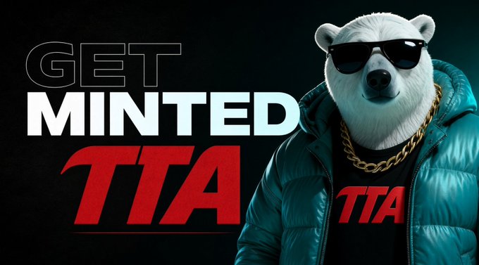 A promotional graphic featuring a polar bear wearing sunglasses, a teal puffer jacket, and a gold chain, alongside the text 'GET MINTED TTA' in large white and red letters on a dark background.