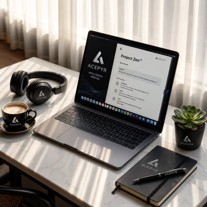 A coffee cup, headphones, notebook, and pen bearing the "ACEPYR" logo sit beside a MacBook displaying a "Project Zen™" page, capturing a cozy morning workspace that mirrors the post's scene of brewing coffee while exploring Acepyr's vision for a verified AI ecosystem. The branded accessories and minimalist setup emphasize the professional yet aspirational tone of explaining Acepyr's trusted participation model over coffee.