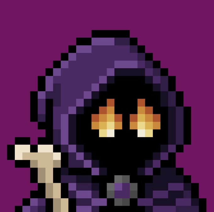 Pixel art portrait of a hooded figure with glowing orange eyes, holding what appears to be a candle or torch, set against a purple background.