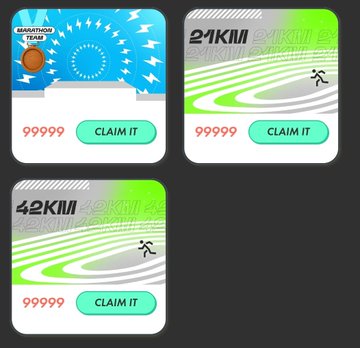Three Step'N achievement/reward cards showing basketball and 21K/42K running challenges, each with a 'CLAIM IT' button and placeholder high-value scores (99999).