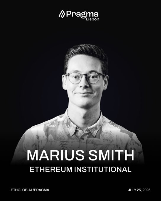Black and white portrait of Marius Smith from Ethereum Institutional, featured at Pragma Lisbon on July 25, 2026 (ETHGLOB.AL/PRAGMA).
