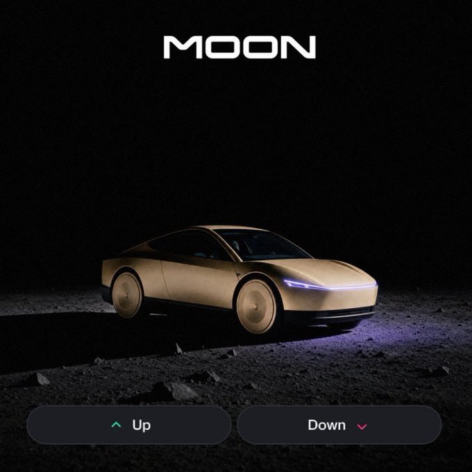 A futuristic gold-colored car with sleek, aerodynamic design sits on a rocky lunar-like surface against a black backdrop, with the bold "MOON" text displayed at the top. Below the car, navigation buttons labeled "Up" and "Down" with directional arrows mirror the volatility of 1000x leverage crypto trading available 24/7 on the Moon platform.