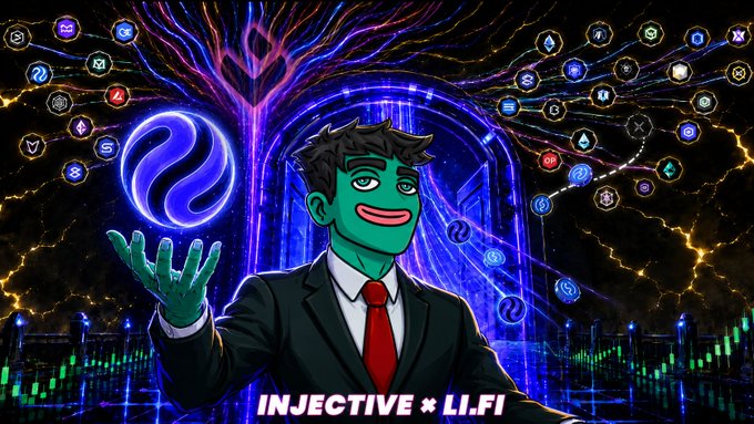 A digital illustration shows a green-skinned character in a suit holding a glowing blue Sui coin, with 'INJECTIVE * LI.FI' text at the bottom and various cryptocurrency logos floating around a neon portal background.