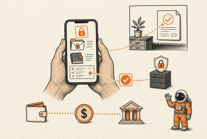 An illustration depicting digital security and finance concepts, showing hands holding a smartphone with locked wallet icons, connected to a document, server, and bank symbols, with an astronaut figure waving.