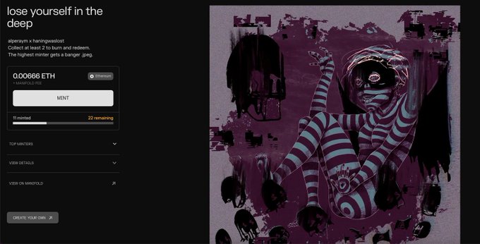 Crypto NFT minting page titled 'lose yourself in the deep' featuring artwork of a figure in purple striped clothing, showing 0.00666 ETH balance and an '11 minted' progress bar.