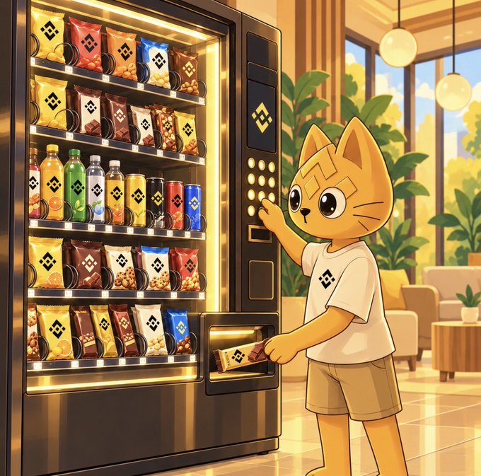 A stylized digital illustration of an anthropomorphic orange cat character in a t-shirt and shorts, pressing a button on a vending machine filled with snacks and beverages.