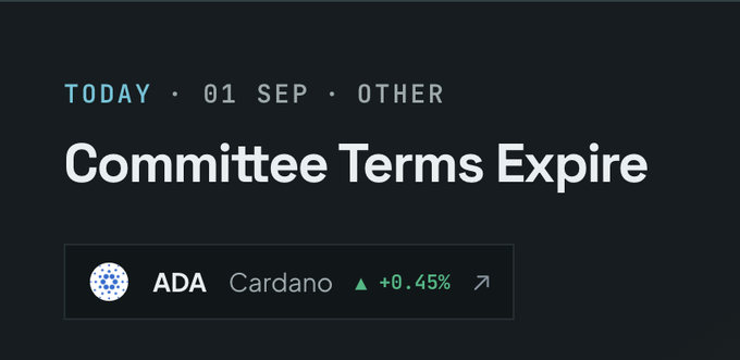 Cryptocurrency news alert showing 'Committee Terms Expire' dated 'TODAY • 01 SEP • OTHER' with ADA Cardano listed at +0.45%.