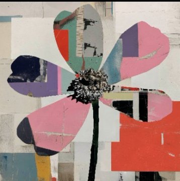 A colorful mixed-media collage artwork featuring a stylized pink and blue flower with a textured center on a multi-colored geometric background.