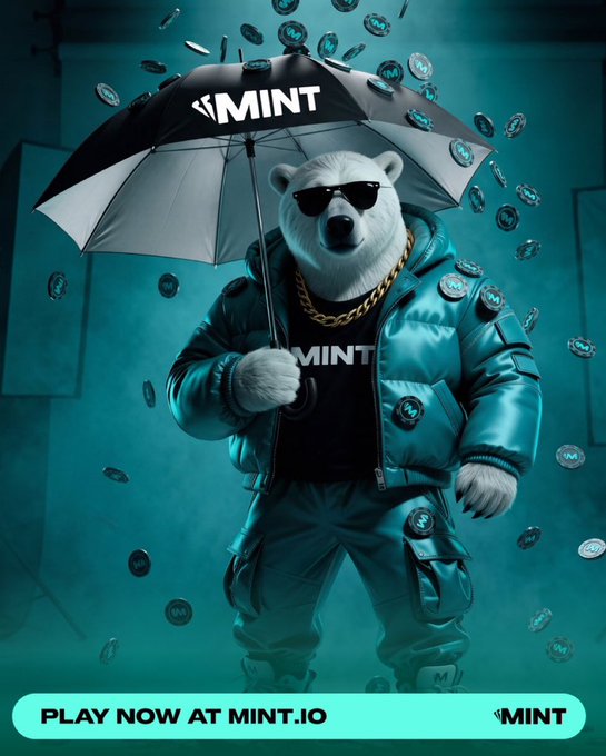 A promotional advertisement features a polar bear wearing sunglasses, a gold chain, and a teal puffer jacket while holding an umbrella branded with the "MINT" logo, with "PLAY NOW AT MINT.IO" at the bottom.