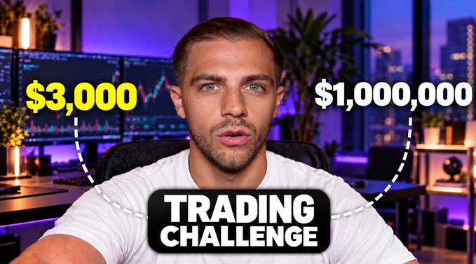 YouTube thumbnail for a 'Trading Challenge' showing a man between $3,000 and $1,000,000 text graphics, with trading charts displayed on monitors behind him.