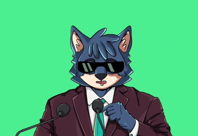 An anthropomorphic wolf character wearing black sunglasses and a maroon suit with a teal tie stands at a microphone podium, pointing toward the camera. The image ties into the "weekend party" theme by depicting the wolf as a confident presenter, matching the post's mention of WolfSwap's mascot and the celebratory weekend vibe.