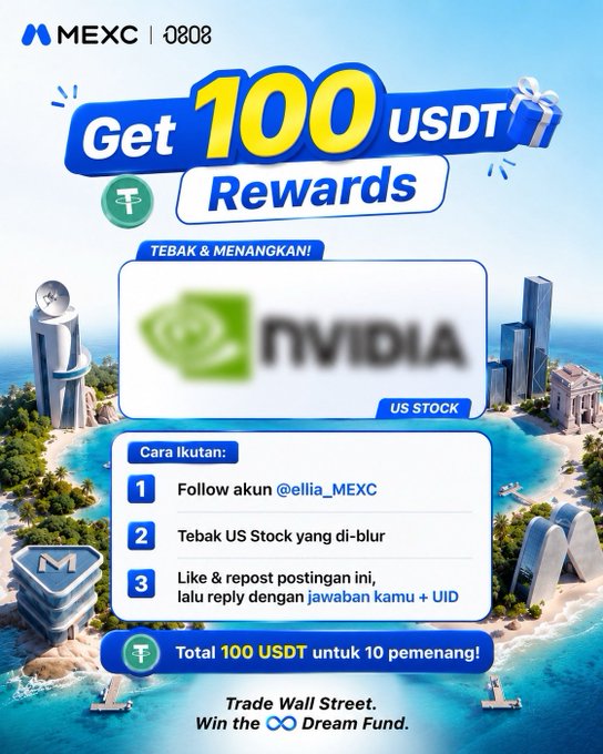 A promotional graphic for MEXC exchange offering 100 USDT rewards in a giveaway, featuring a blurred NVIDIA US Stock logo and instructions in Indonesian to follow @ellia_MEXC, guess the stock, like and repost with an answer and UID, with total 100 USDT prize for 10 winners, branded 'Trade Wall Street. Win the Dream Fund.'