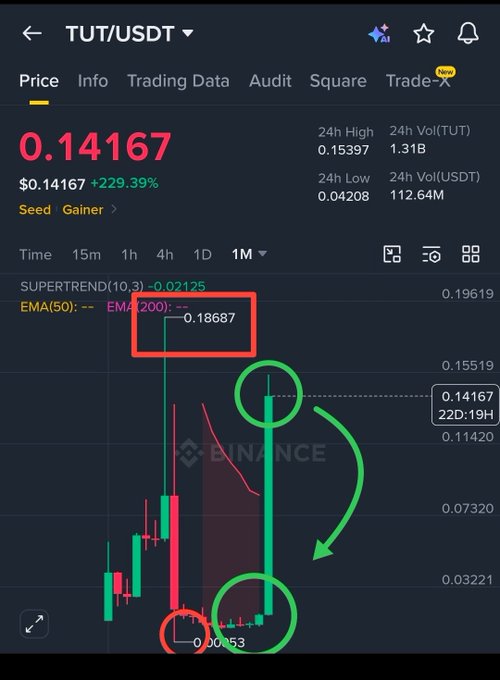 A Binance trading chart for TUT/USDT shows the token at $0.14167 with a +229.39% gain, highlighting a dramatic price surge near $0.18687 followed by a sharp decline to $0.14167, visually illustrating the post's warning about the rapid pump-and-dump risks of such tokens.