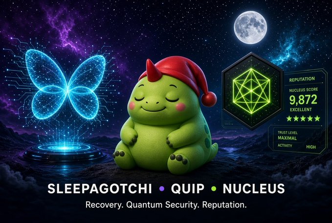 A promotional graphic featuring a sleeping green dinosaur character wearing a red cap, alongside a blue digital butterfly and a reputation badge showing 'NUCLEUS SCORE 9,872 EXCELLENT'. Text reads 'SLEEPAGOTCHI • QUIP • NUCLEUS' and 'Recovery. Quantum Security. Reputation.'