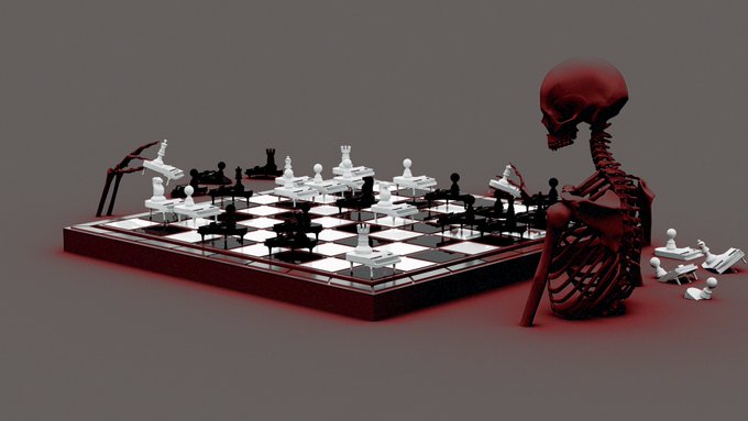 A dark red skeleton sits slumped beside a chessboard strewn with scattered black and white pieces, evoking the metaphor of a lost game. The haunting, surreal 3D render captures the dramatic defeat that makes it a striking "favourite NFT" collectible.