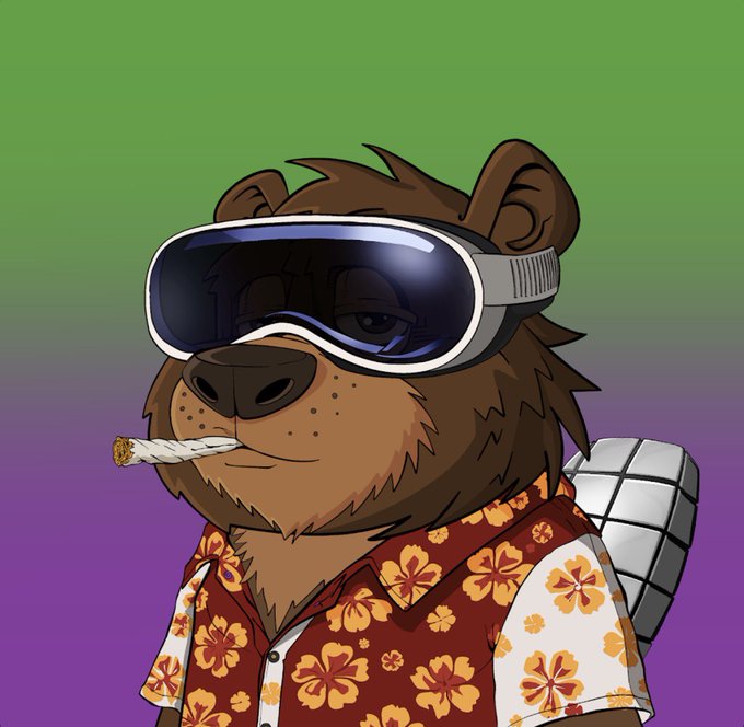 A cartoon-style illustration depicts a brown bear wearing large ski goggles, smoking a joint, and dressed in a red and yellow Hawaiian floral shirt against a green-to-purple gradient background.