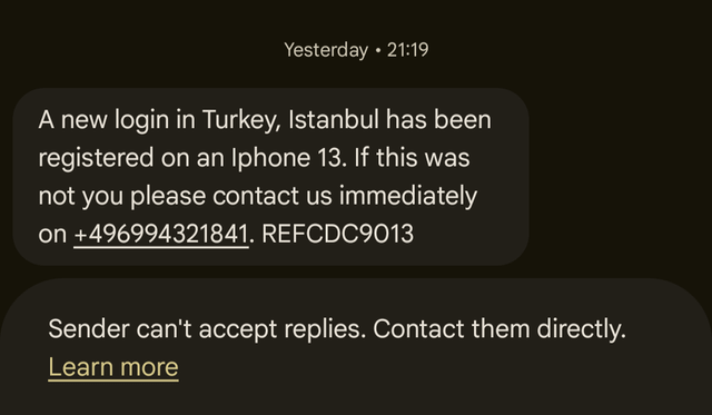 A screenshot of a suspicious message claiming 'A new login in Turkey, Istanbul has been registered on an Iphone 13' with a foreign phone number for contact, a common phishing scam format.