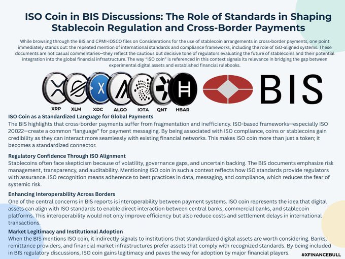 The image is a post titled "ISO Coin in BIS Discussions: The Role of Standards in Shaping Stablecoin Regulation and Cross-Border Payments," featuring logos of cryptocurrencies XRP, XLM, XDC, ALGO, IOTA, QNT, and HBAR alongside the BIS logo. It discusses how ISO standards are being referenced in BIS regulatory discussions, highlighting ISO coin's relevance in bridging experimental digital assets with established financial frameworks—aligning with the accompanying post's claim that BIS has confirmed testing the XRP Ledger and speculating on other ISO-aligned coins like XLM, XDC, ALGO, IOTA, QNT, and HBAR as potential next candidates.