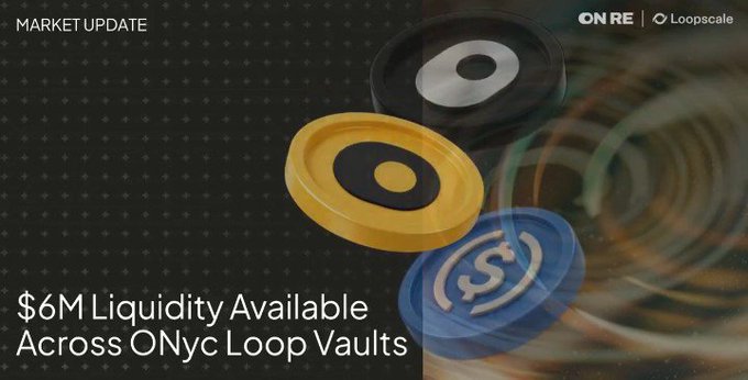 A market update graphic from ONRE and Loopscale announces "$6M Liquidity Available Across ONyc Loop Vaults," featuring three stylized 3D coins (gold, black/silver, and blue with a dollar sign) against a dark grid background with colorful light trails, visually promoting the new DeFi yield opportunities on Solana.