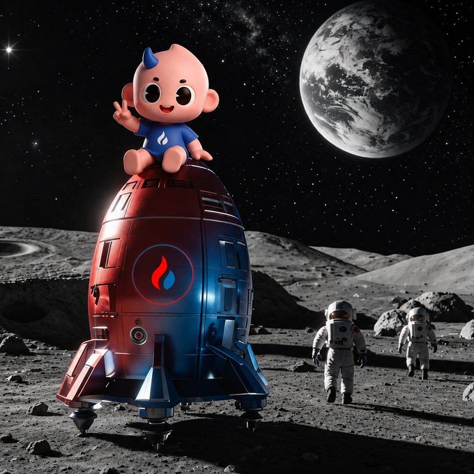 A digital illustration shows a cartoon character with a flame-like blue tuft of hair sitting atop a red and blue rocket on a lunar surface, with two astronauts and Earth visible in the starry background.