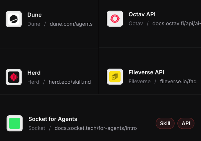 A grid showing five developer/API tools added to skills.eth.sh: Dune (dune.com/agents), Octav API (docs.octav.fi/api/ai-…), Herd (herd.eco/skill.md), Fileverse API (fileverse.io/faq), and Socket for Agents (docs.socket.tech/for-agents/intro), each with a logo and category link.