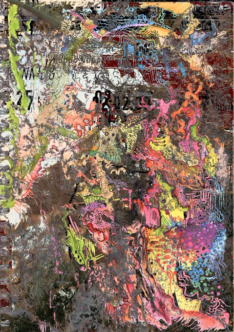 A vibrant, chaotic abstract painting bursts with swirling patterns and a kaleidoscope of colors—neon pinks, greens, yellows, and blues interwoven with darker grays and blacks—partially obscuring what appears to be a figure, capturing the frenetic energy of "Portrait of an average day" as referenced in the accompanying post.