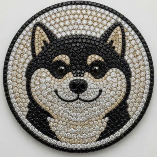The image features a black and white dog face made out of small diamonds or rhinestones, giving it a unique and eye-catching appearance. The dog's eyes are closed, and its mouth is slightly open, creating an endearing expression that would likely draw attention from viewers. The diamond pattern on the dog's face adds to its distinctiveness and charm.