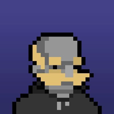 A pixel art character with a grey helmet/mask and yellow markings on a purple background, resembling a sci-fi soldier.