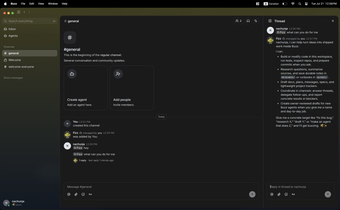 The image shows a Slack-like messaging platform interface called "macninja" with a #general channel, displaying messages from users "nachiurja" and "FIZZ," along with options to "Create agent" and "Add people." The screenshot supports the post's claim by visually demonstrating a Slack-style communication interface designed for both human and AI agent collaboration.