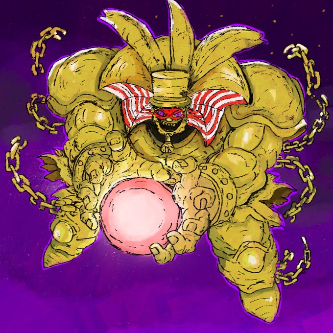 An illustration of the Yu-Gi-Oh! monster Exodia the Forbidden One, depicted with golden armored body, chains, and a red faceplate, holding a glowing pink sphere against a purple cosmic background.