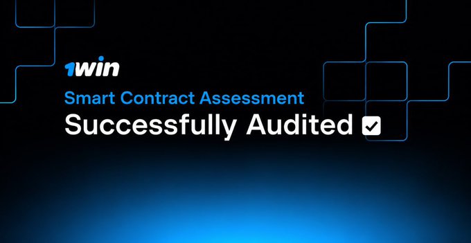 A promotional graphic announces "1win Smart Contract Assessment Successfully Audited" with a checkmark, displayed against a dark blue background with geometric line patterns.