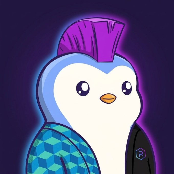 The image shows a cartoon penguin character with a purple mohawk, wearing a geometric-patterned jacket featuring a small "R" logo on the sleeve, set against a dark background with a neon glow. This represents the "Pengu" mascot associated with the Pudgy Penguins NFT collection, connecting to the post's expression of affection for the character.