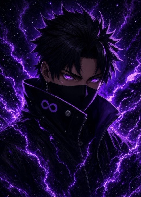 A dark anime portrait features a spiky-haired male character with glowing purple eyes and a face mask, surrounded by crackling purple lightning and a cosmic purple background, wearing a black jacket with an infinity symbol.