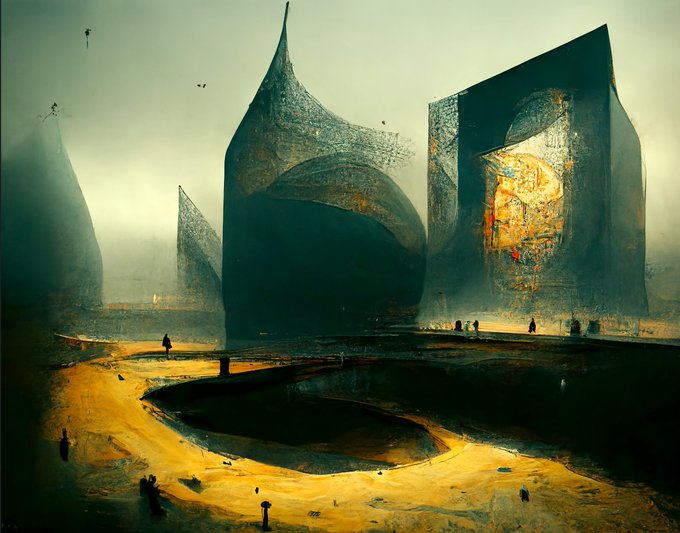 A moody, painterly digital illustration depicting massive, imposing monolithic structures in a misty landscape with tiny silhouetted figures walking on a sandy path below.