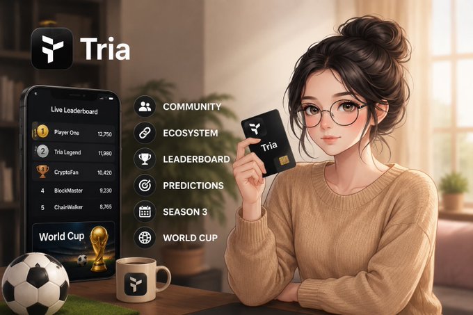 A stylishly illustrated woman holds a "Tria" branded card next to a smartphone displaying the Tria Live Leaderboard (with "Player One" at 12,750 and "Tria Legend" at 11,980) alongside a menu featuring Community, Ecosystem, Leaderboard, Predictions, Season 3, and World Cup options, with a soccer ball and trophy completing the World Cup-themed scene. The image visually reinforces the post's message by showcasing how Tria's gamified leaderboard and World Cup predictions unite its community and strengthen its ecosystem.