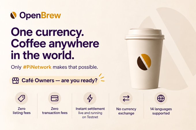 A marketing banner for OpenBrew promoting the slogan 'One currency. Coffee anywhere in the world,' highlighting features like zero fees, instant settlement on Testnet, and 14 languages supported via the #PiNetwork.