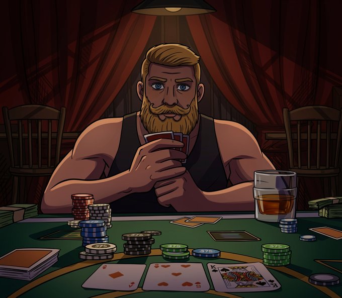 Illustrated image of a bearded, muscular man holding cards at a poker table with stacks of chips, a glass of whiskey, and three community cards visible (Ace of diamonds, 3 of hearts, King of spades).