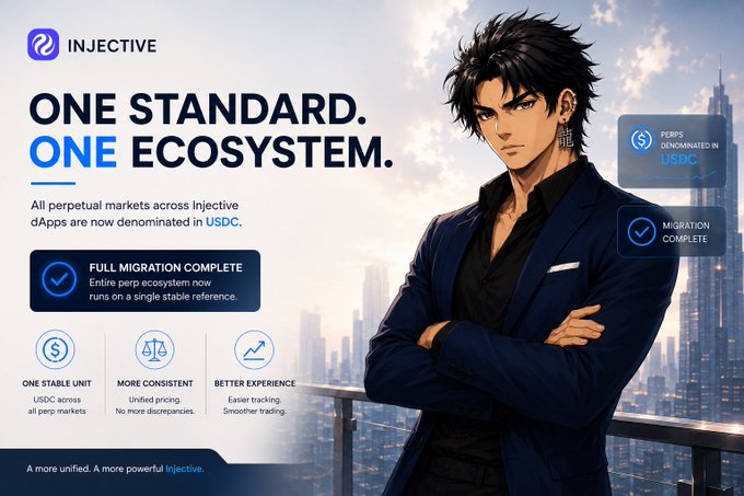 The image features a man dressed in a suit standing against a city skyline backdrop. The text in the image reads "Injective One Standard ecosystem." This suggests that the image might be related to an advertisement for Injective, which is a platform designed specifically for cryptocurrency trading and exchanges.