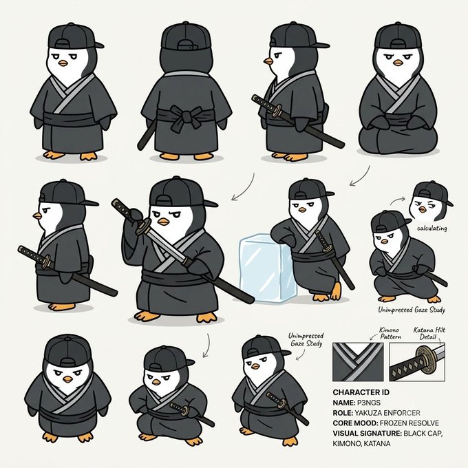 A character design reference sheet for 'P3NG0', a yakuza enforcer penguin character, showing various poses with a black cap, kimono, and katana, including an unimpressed gaze study and details on the katana hilt and kimono pattern.