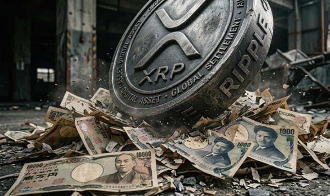 A massive XRP coin engraved with "DIGITAL ASSET • GLOBAL SETTLEMENT" crashes down onto a pile of Japanese yen banknotes (¥10,000 and ¥1,000 denominations) amid rubble, symbolizing the disruptive impact of Japan officially classifying Ripple's XRP as a legal financial asset under the FIEA. The imagery visually reinforces the post's claim of a "global financial RESET," depicting XRP's emergence as a dominant settlement layer overtaking traditional fiat currencies.