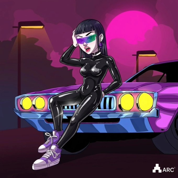 Anime-style illustration of a woman in a black bodysuit, purple sunglasses, and purple sneakers sitting on the hood of a purple car with glowing yellow headlights, with the 'ARC' logo in the corner.