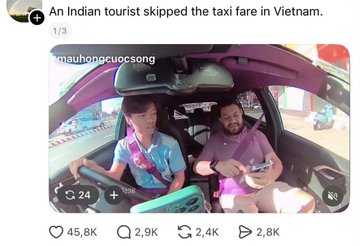 A Reddit/TikTok video screenshot titled "An Indian tourist skipped the taxi fare in Vietnam" showing a tourist in a tuk-tuk, with 45.8K upvotes and 2.8K shares.